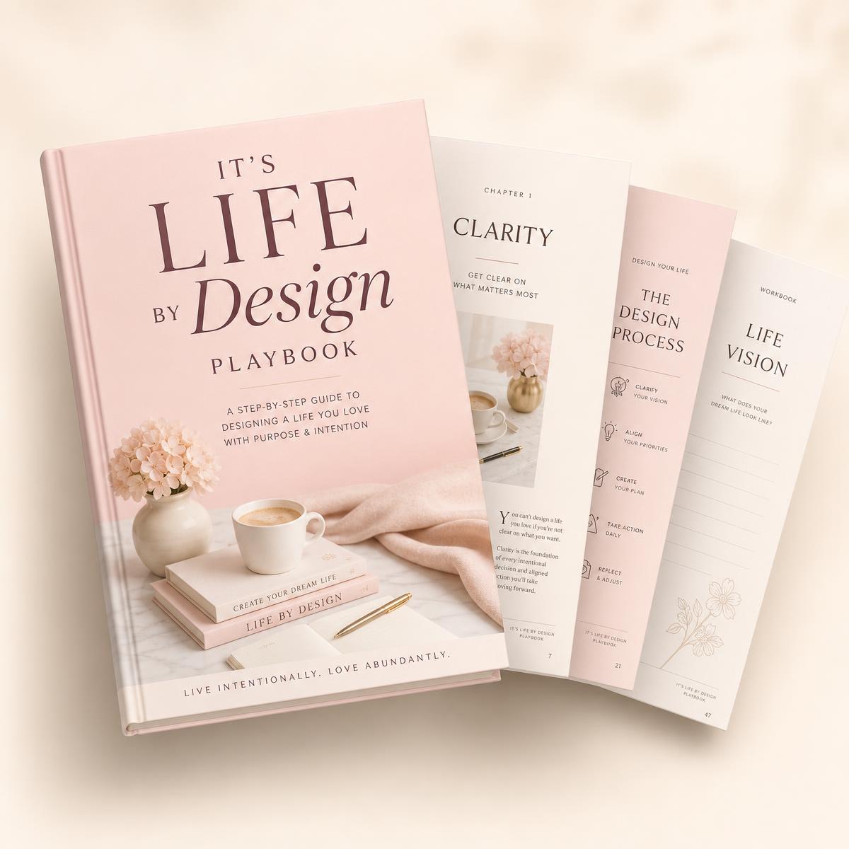 The It's Life By Design Playbook, a 123-page guide to selling digital products online, shown as a 3D book cover with interior roadmap pages fanned behind it